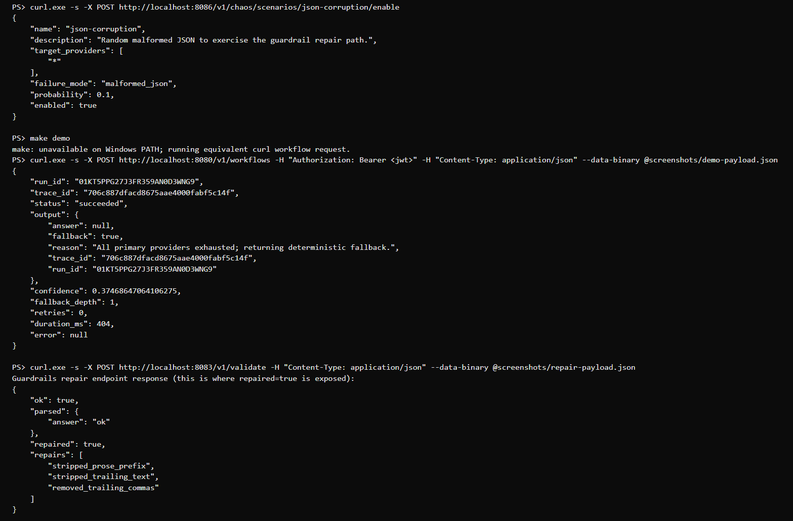 Enable json-corruption chaos scenario, run demo, guardrails /v1/validate returns repaired=true with the exact repairs applied