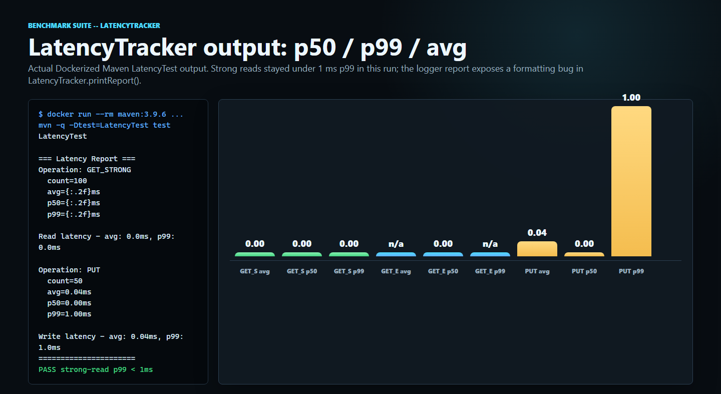 LatencyTracker benchmark output — strong-read p99 under 1ms, write avg 0.04ms, PASS assertion