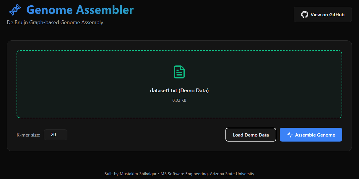 Demo data loaded — dataset1.txt, 0.02 KB, ready to assemble