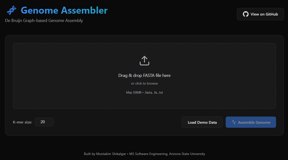 Genome Assembler — drag-and-drop landing with k-mer size and demo data button