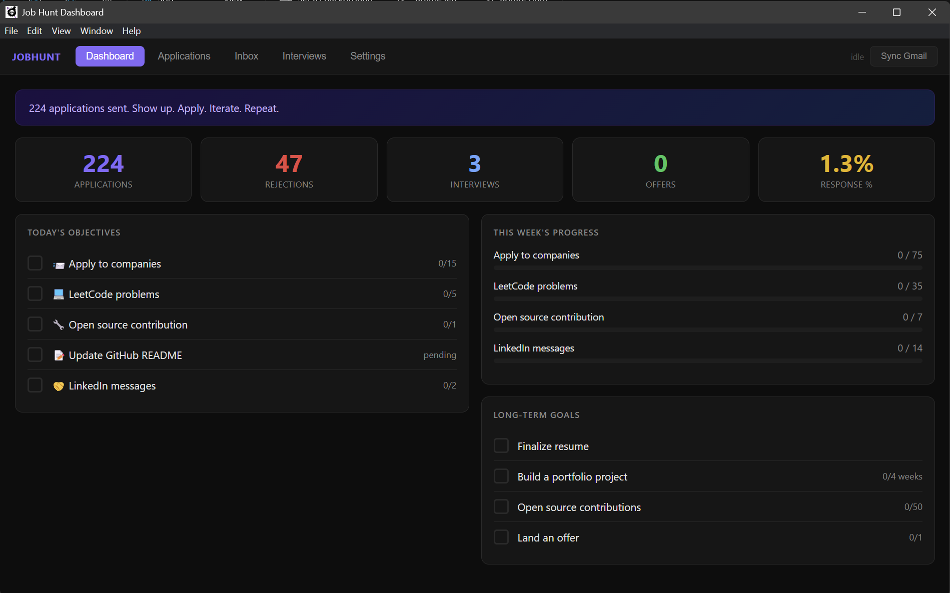 Job Hunt desktop app — Dashboard tab with stat cards, daily objectives, weekly progress, long-term goals