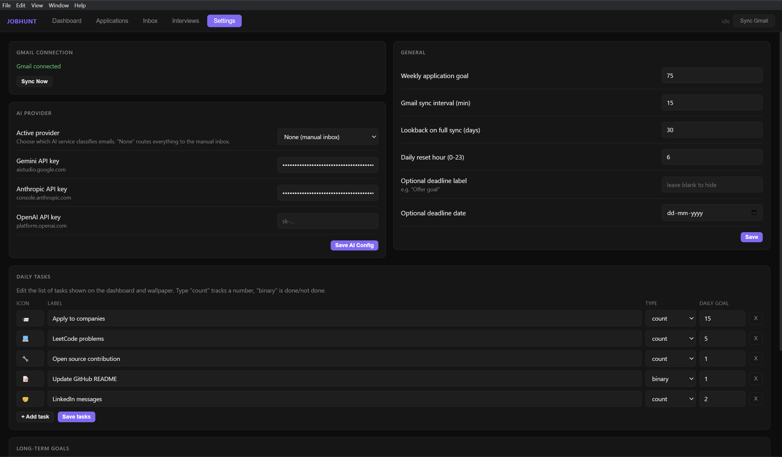 Settings — Gmail connection, AI provider keys, general sync settings