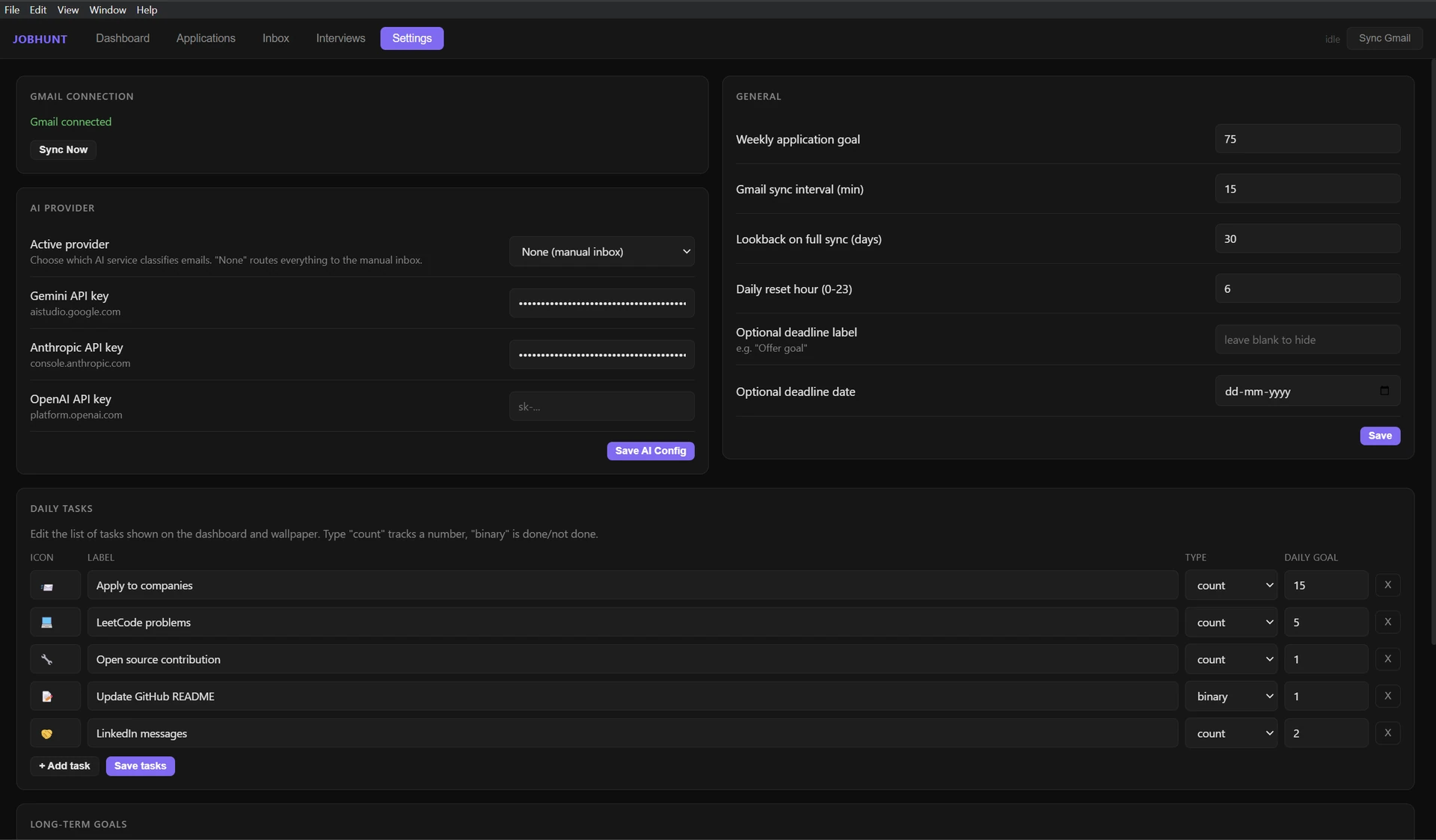 Settings, Gmail connection, AI provider keys, general sync settings
