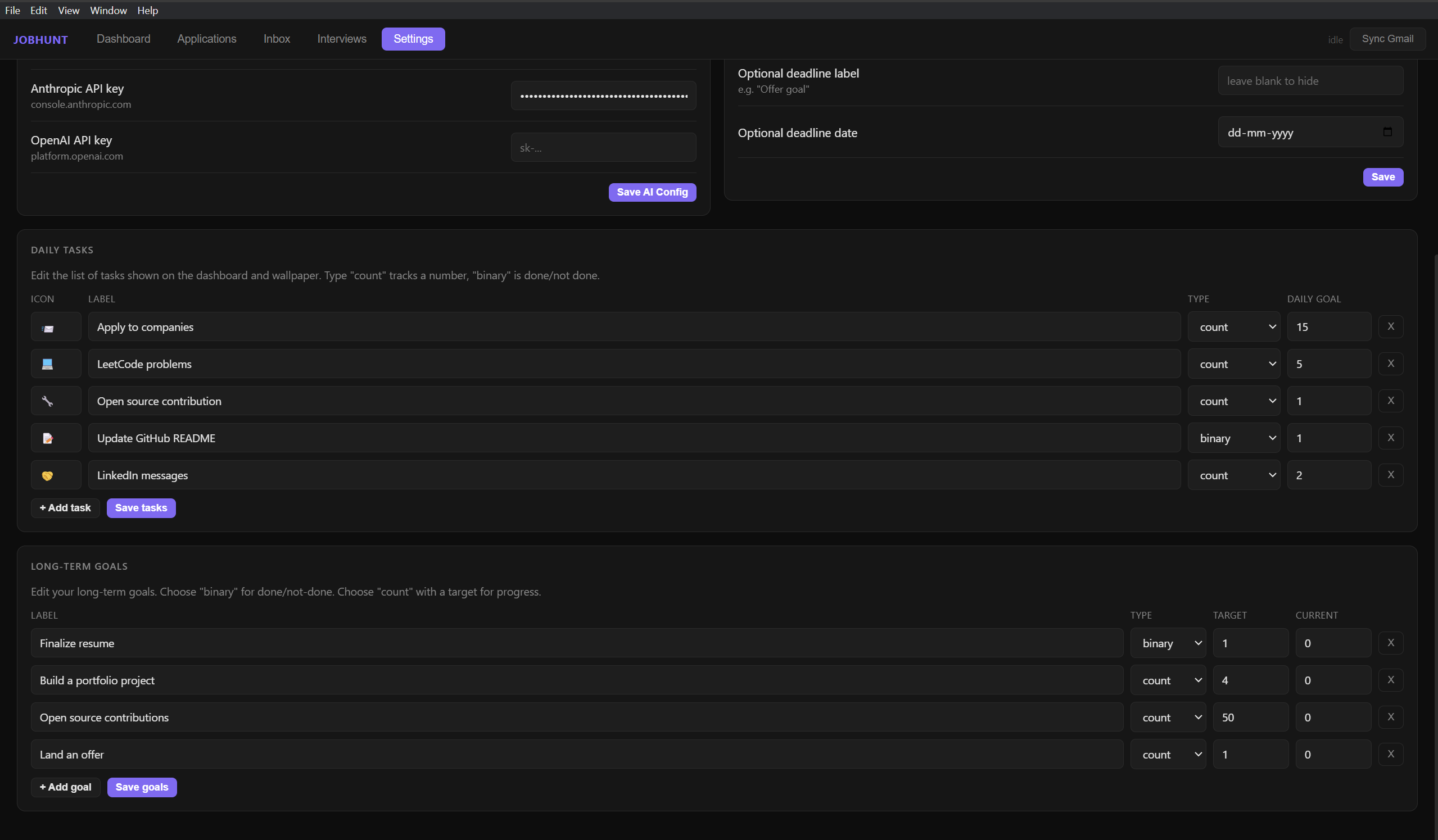Settings — editable daily tasks (count/binary) and long-term goals