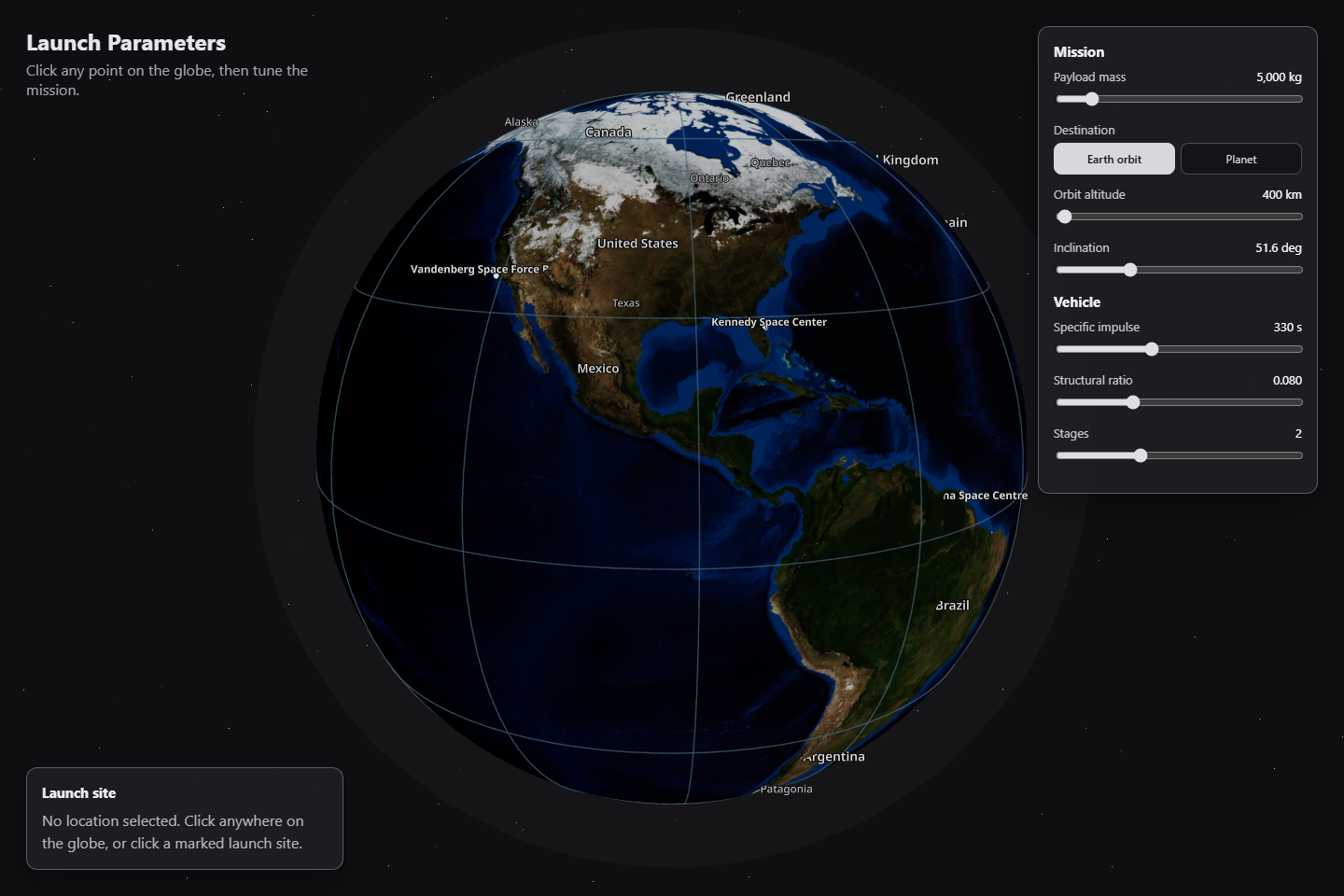Default globe state — rotating Earth, grating, labeled launch sites