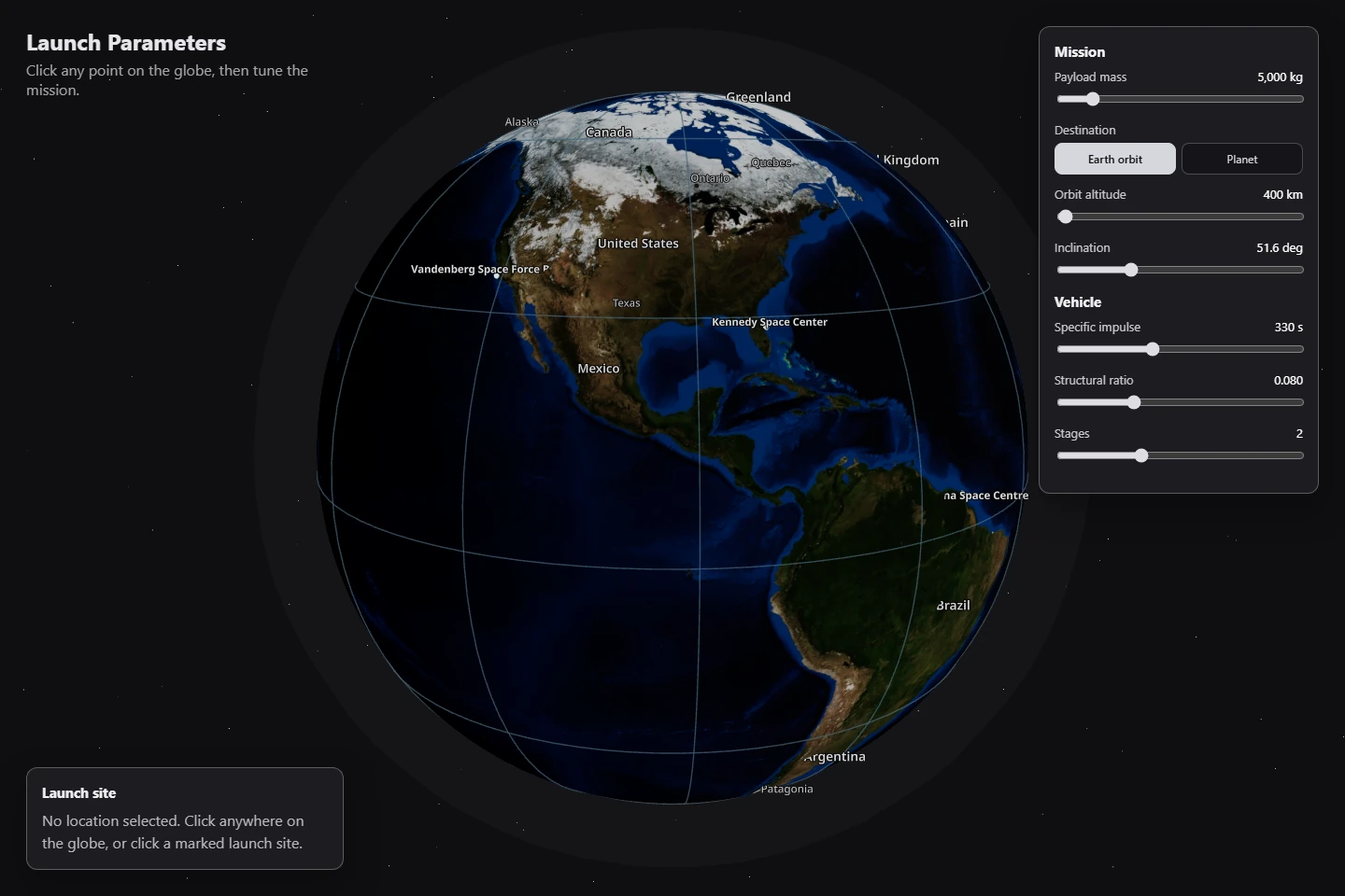 Default globe state, rotating Earth, grating, labeled launch sites