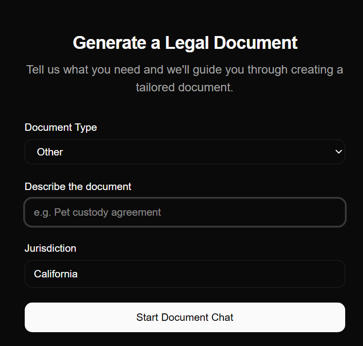 Document type + describe + jurisdiction form