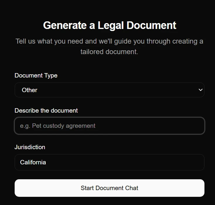 Document type + describe + jurisdiction form