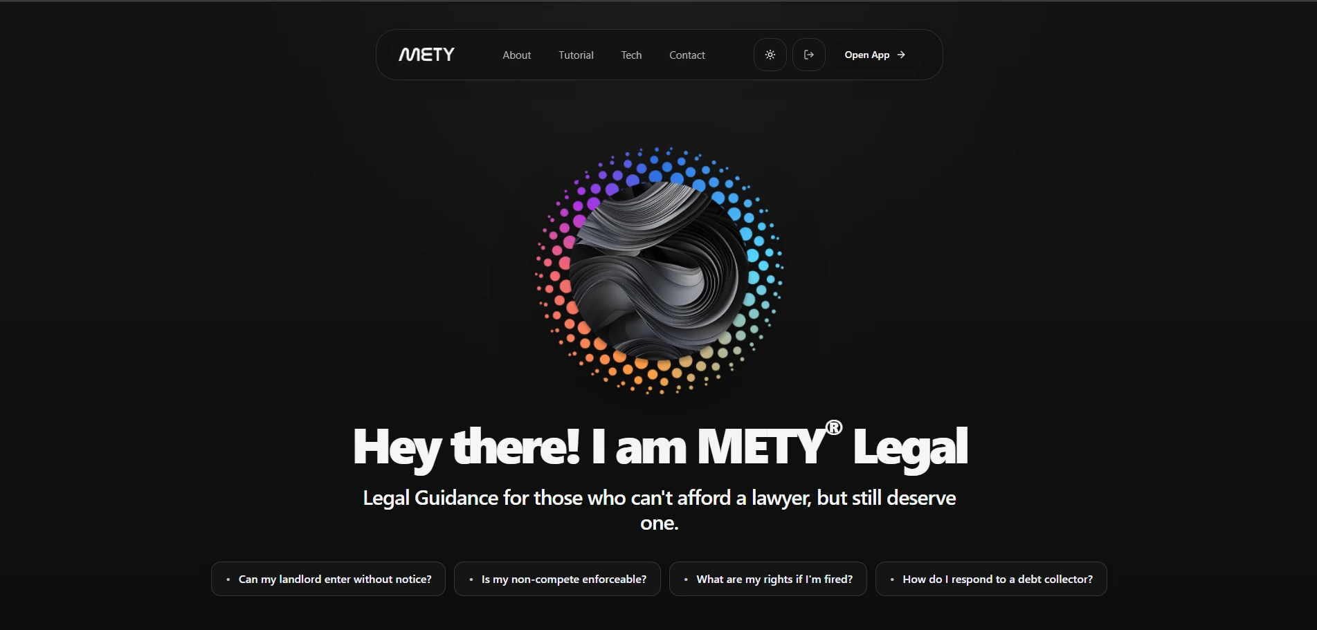 METY Legal Chatbot, landing page