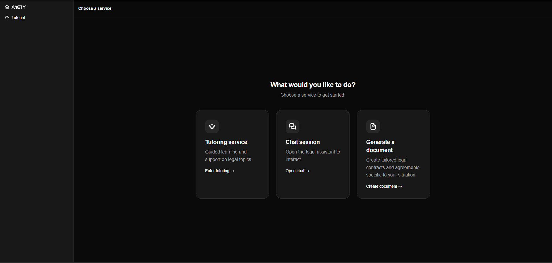 METY service hub — three modes: tutoring, chat session, generate document