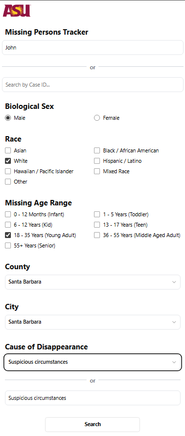 Filter form — John, Male, White, 18-35, Santa Barbara, Suspicious circumstances