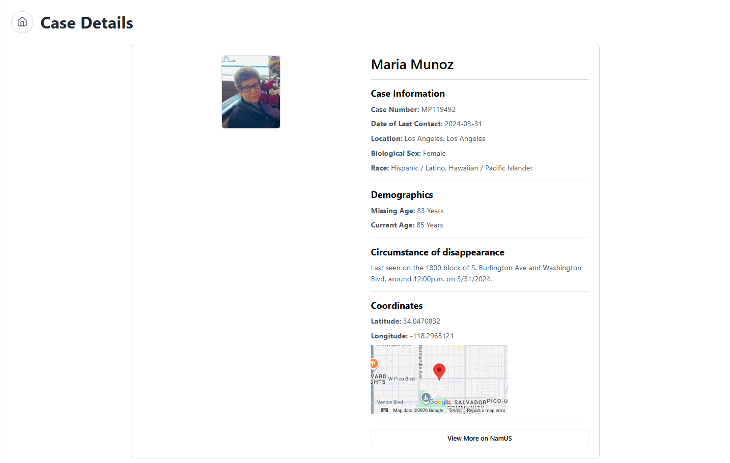 Case detail — Maria Munoz, demographics, Google Maps embed, NamUs deep link
