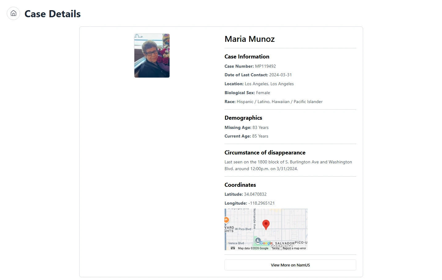 Case detail, Maria Munoz, demographics, Google Maps embed, NamUs deep link