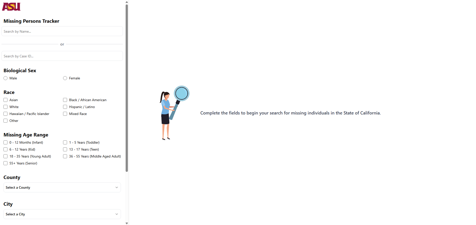 Missing Persons Tracker — search interface with ASU branding