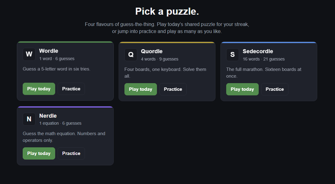 Zebradoodle home — Pick a puzzle, four mode cards