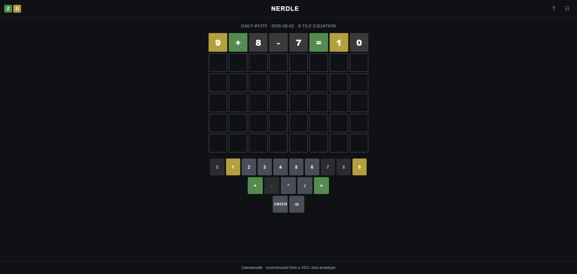 Nerdle board mid-game — Daily #1370, equation 9+8-7=10