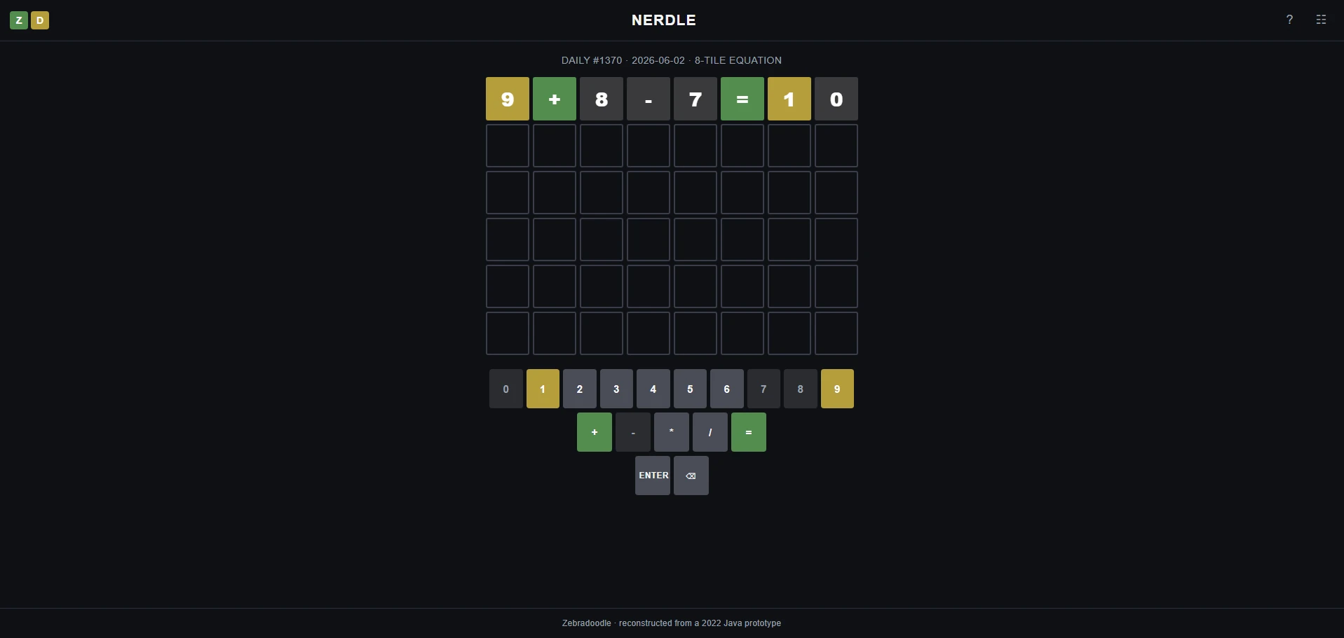 Nerdle board mid-game, Daily #1370, equation 9+8-7=10